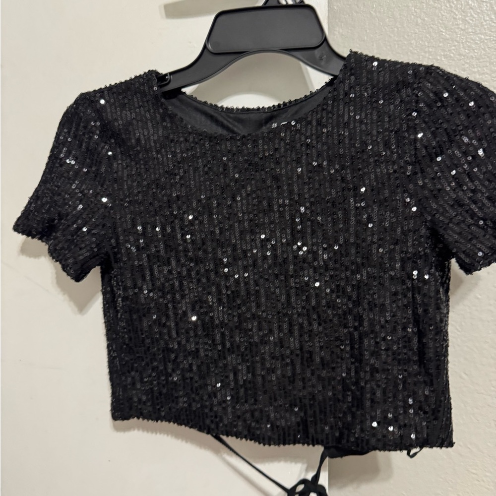 Black Sequin Tie Front Crop T-Shirt